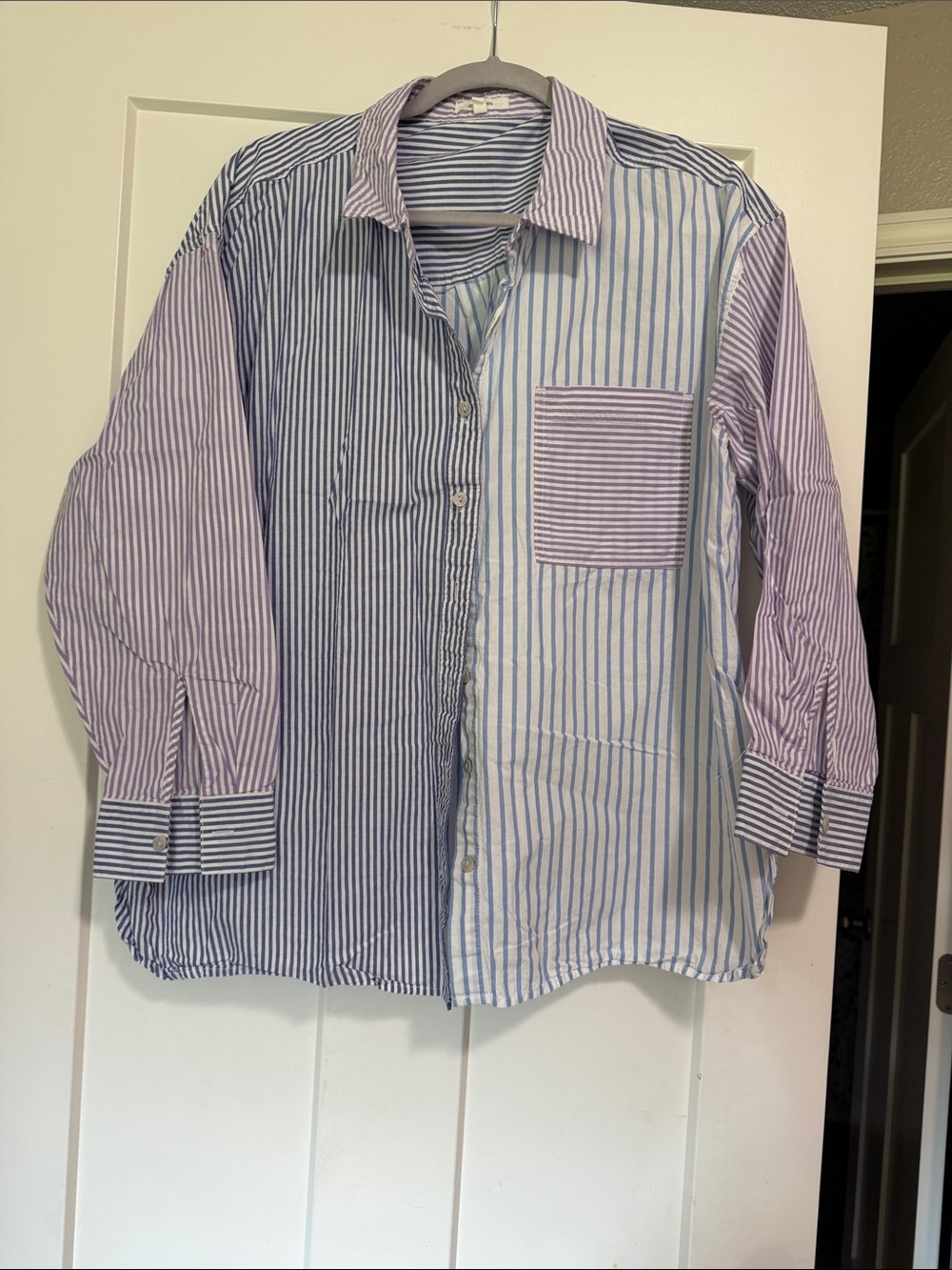 Women’s Mixed-Stripe Button-Up Shirt in Blue and Lavender